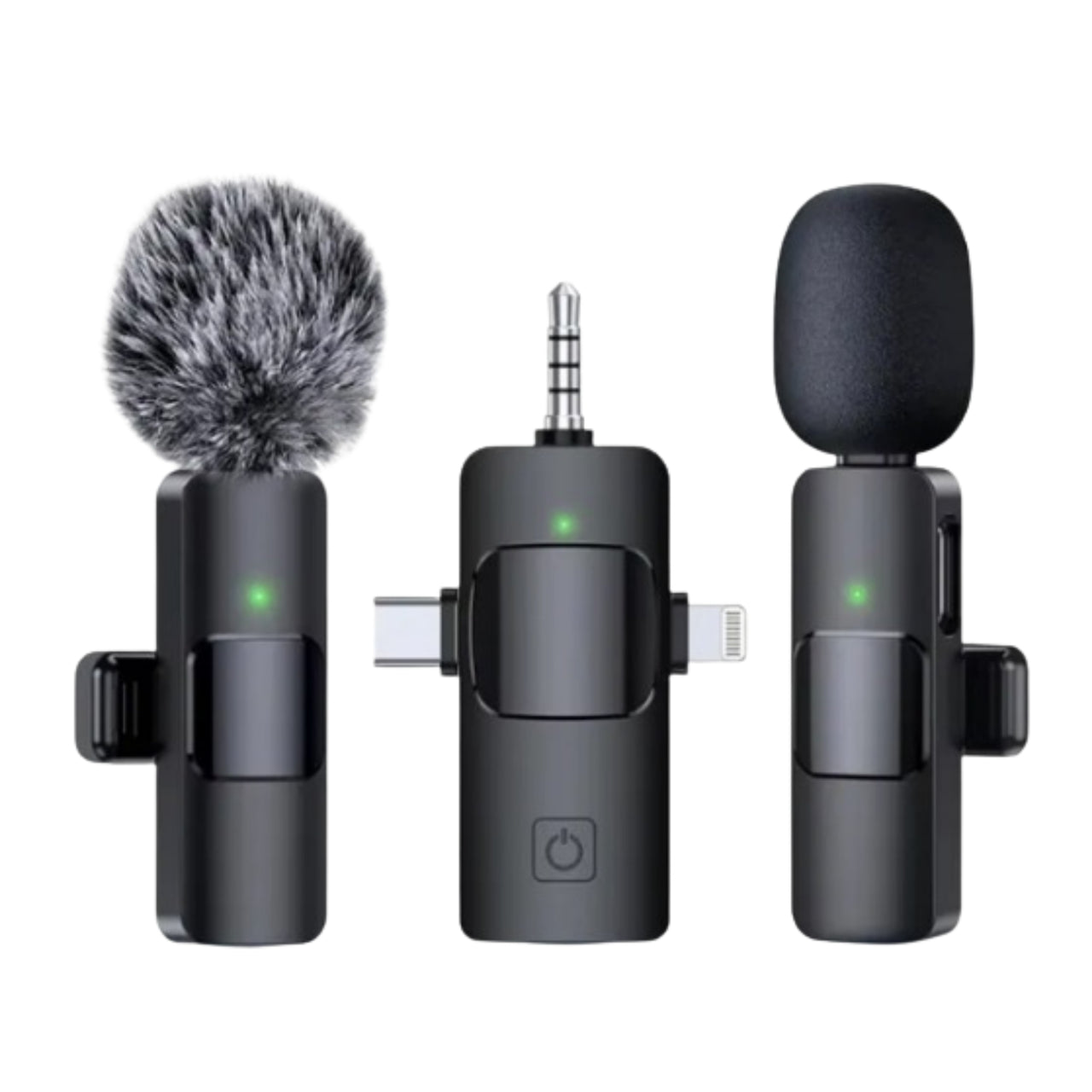 Three microphones with different types of windshields on a white background