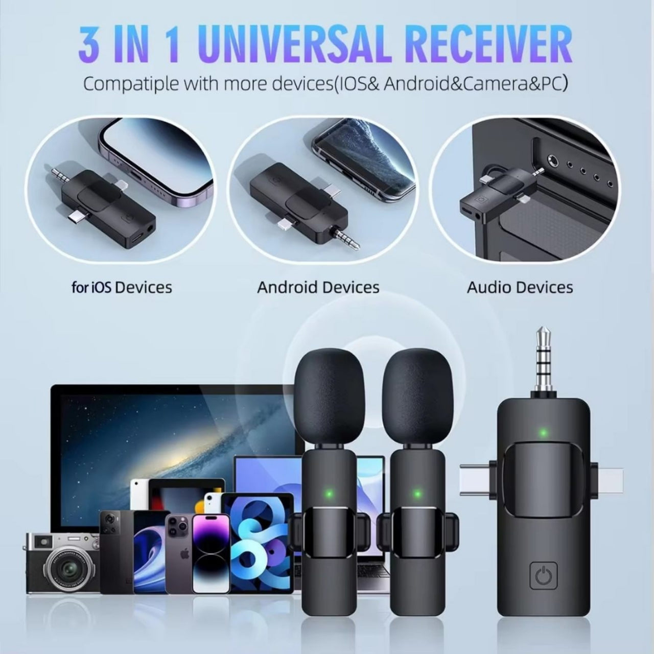 3-in-1 universal receiver compatible with iOS, Android, and audio devices on a light blue background.
