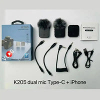 K205 dual mic Type-C + iPhone accessory set on a white background