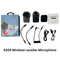 K205 Wireless Lavalier Microphone set with packaging, microphone, and accessories on a white background.