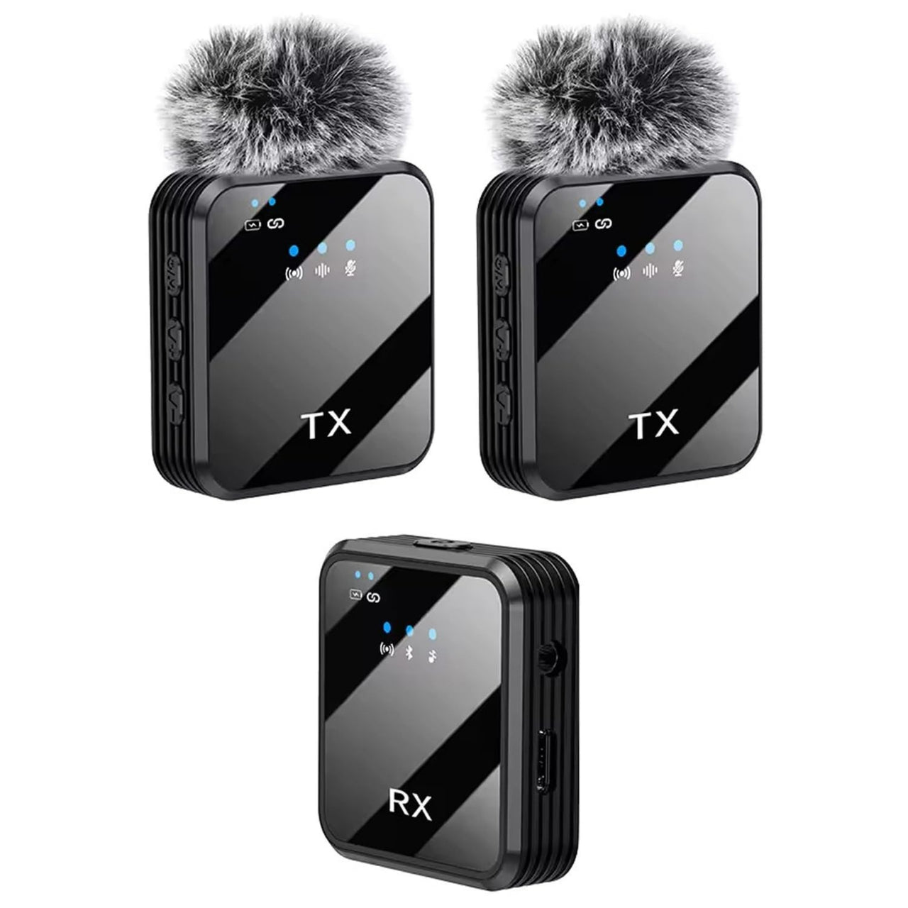 Two transmitting devices and one receiving device with fur-covered mics on a white background