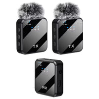 Two transmitting devices and one receiving device with fur-covered mics on a white background