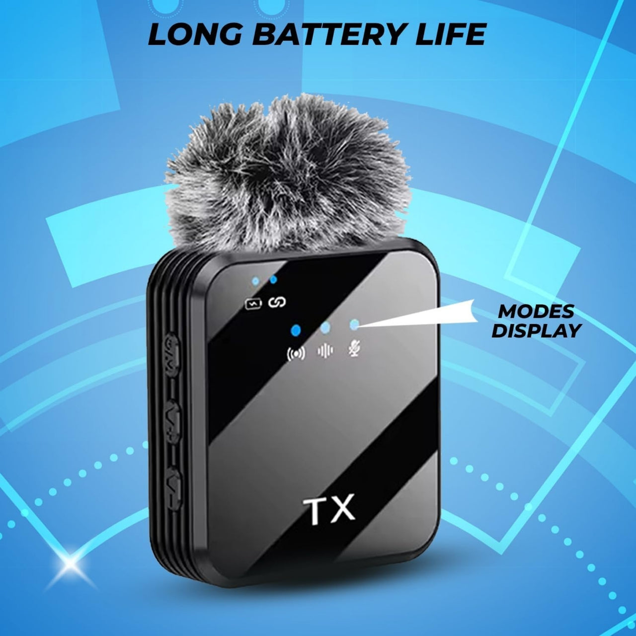 Black device with a microphone on a blue background, highlighting 'Long Battery Life' and 'Modes Display'.