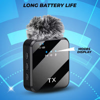 Black device with a microphone on a blue background, highlighting 'Long Battery Life' and 'Modes Display'.