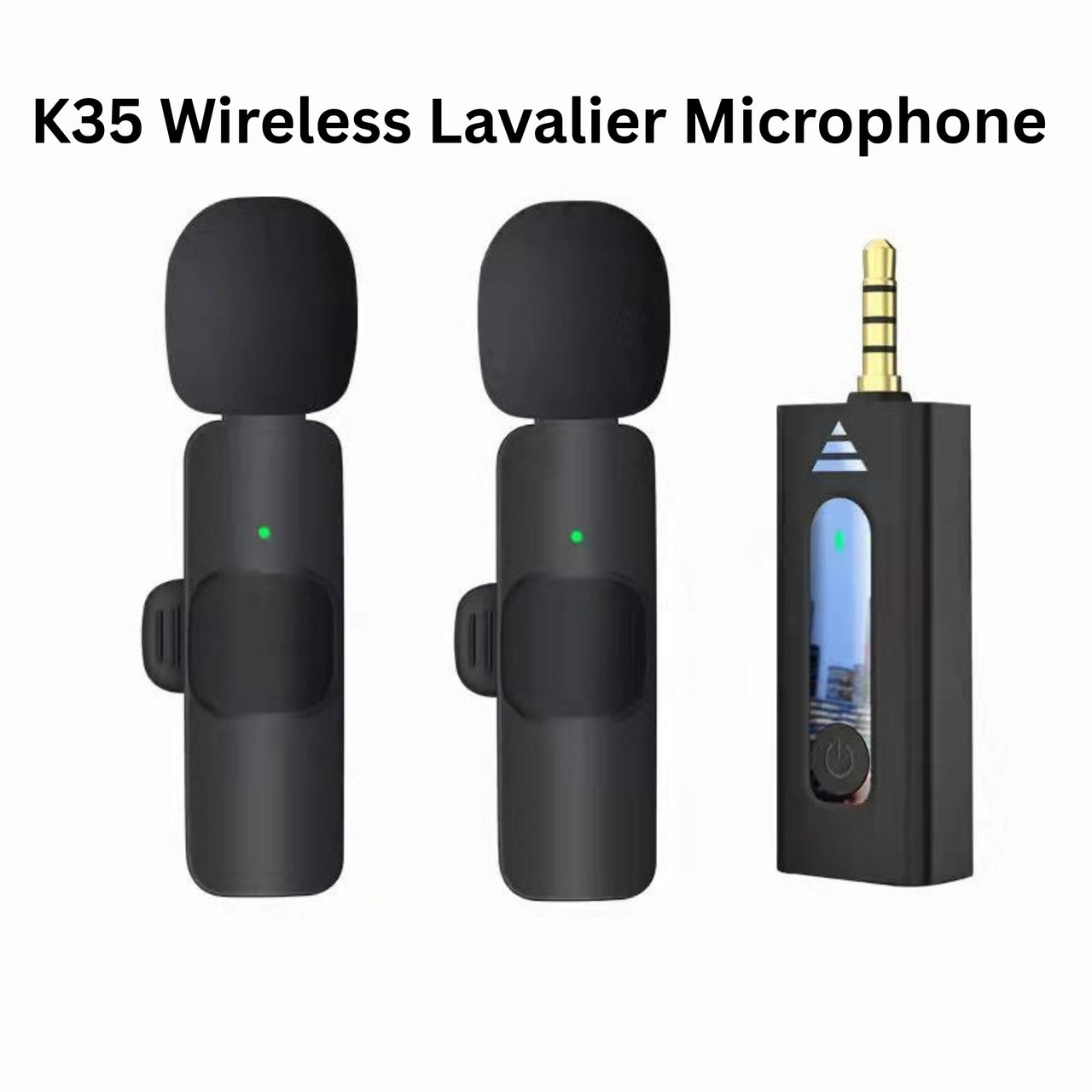 K35 Wireless Lavalier Microphone set with two microphones and a receiver on a white background.