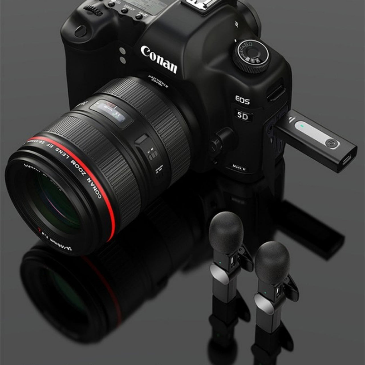 Canon EOS 5D camera with lens on a dark background