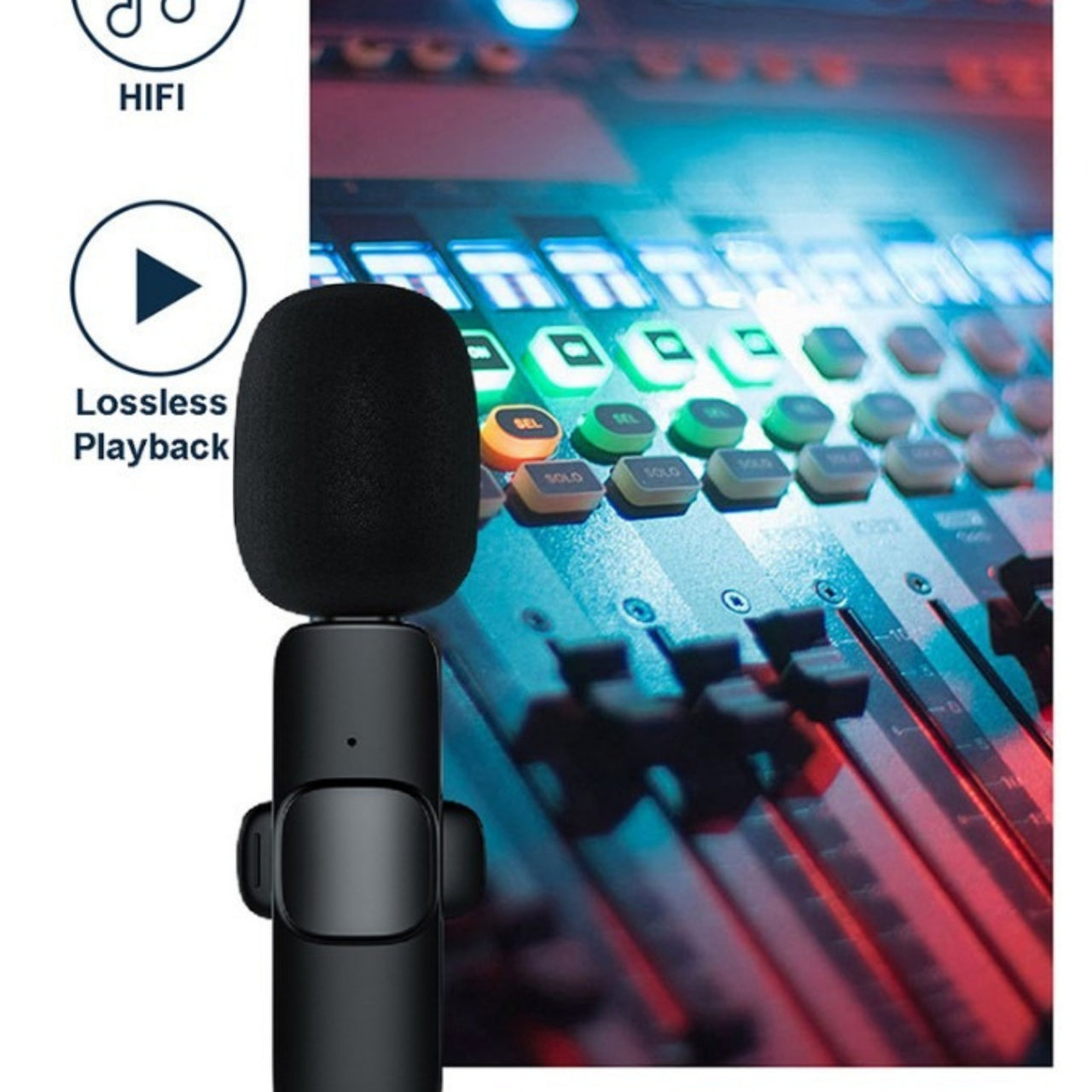 Black microphone in front of a colorful digital audio workstation with 'HIFI' and 'Lossless Playback' text.