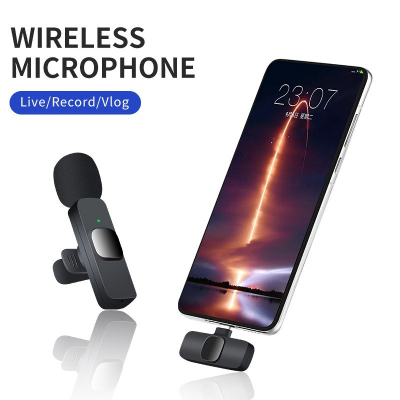 Wireless microphone with smartphone displaying a rocket launch on screen