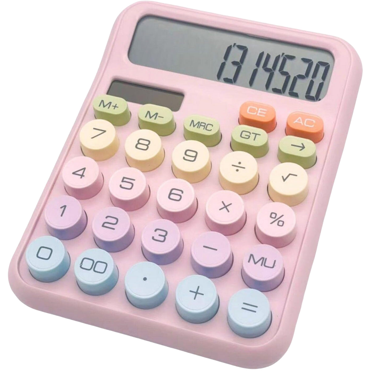 Pink calculator with colorful buttons on a white background