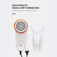 White and orange electric wool ball dryer with transparent storage box on a white background