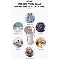 Hair removal device with images of items it can remove hair from, including a wool coat, bedding article, sweater, socks, plush toys, and scarves.