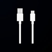 White USB cable with one end being a standard USB connector and the other a micro USB connector on a black background.