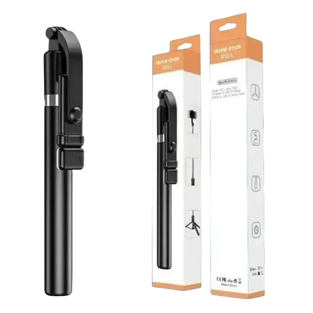 Black selfie stick with packaging on a white background