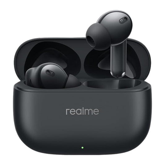 Black wireless earbuds in an open charging case with 'realme' branding on a white background