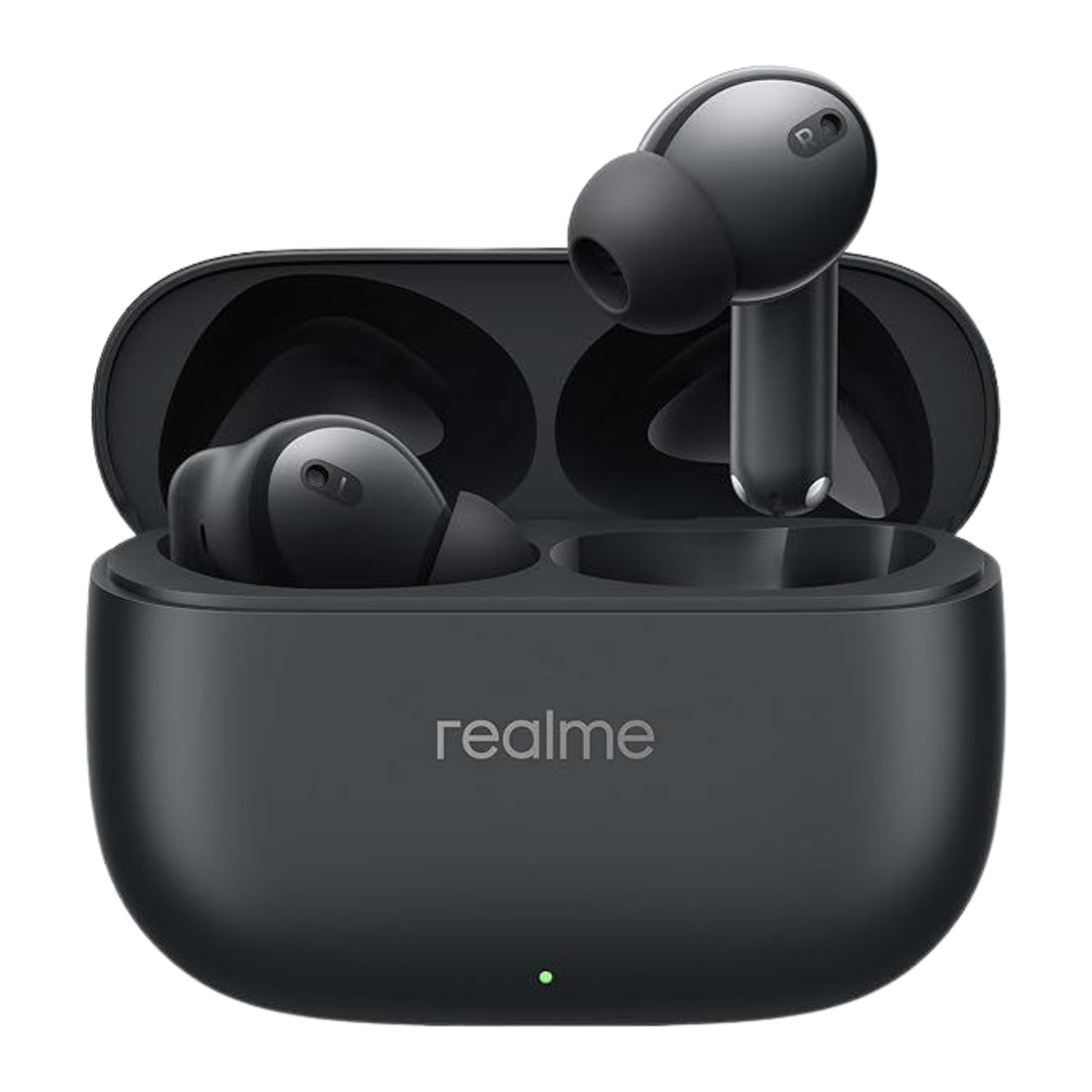 Black wireless earbuds in an open charging case with 'realme' branding on a white background