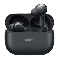 Black wireless earbuds in an open charging case with 'realme' branding on a white background