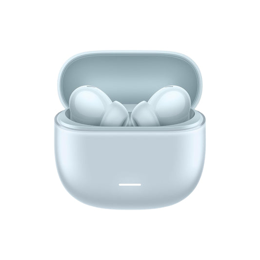 White wireless earbuds in an open charging case on a white background