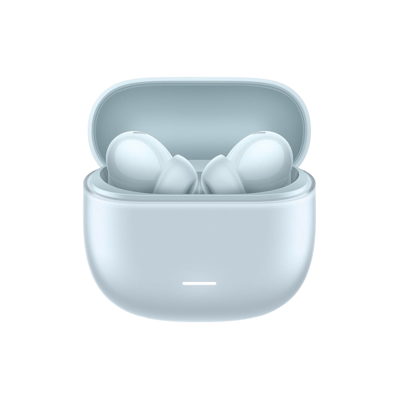 White wireless earbuds in an open charging case on a white background