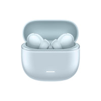 White wireless earbuds in an open charging case on a white background