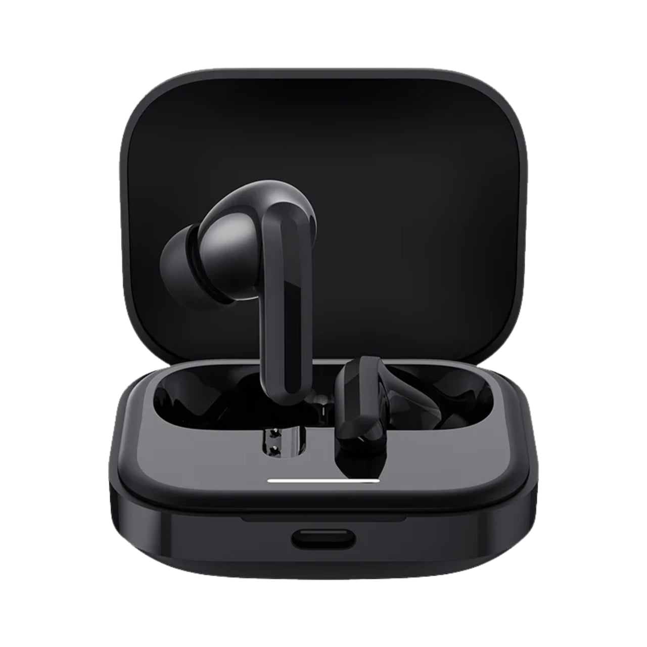 Black wireless earbuds in a charging case on a white background