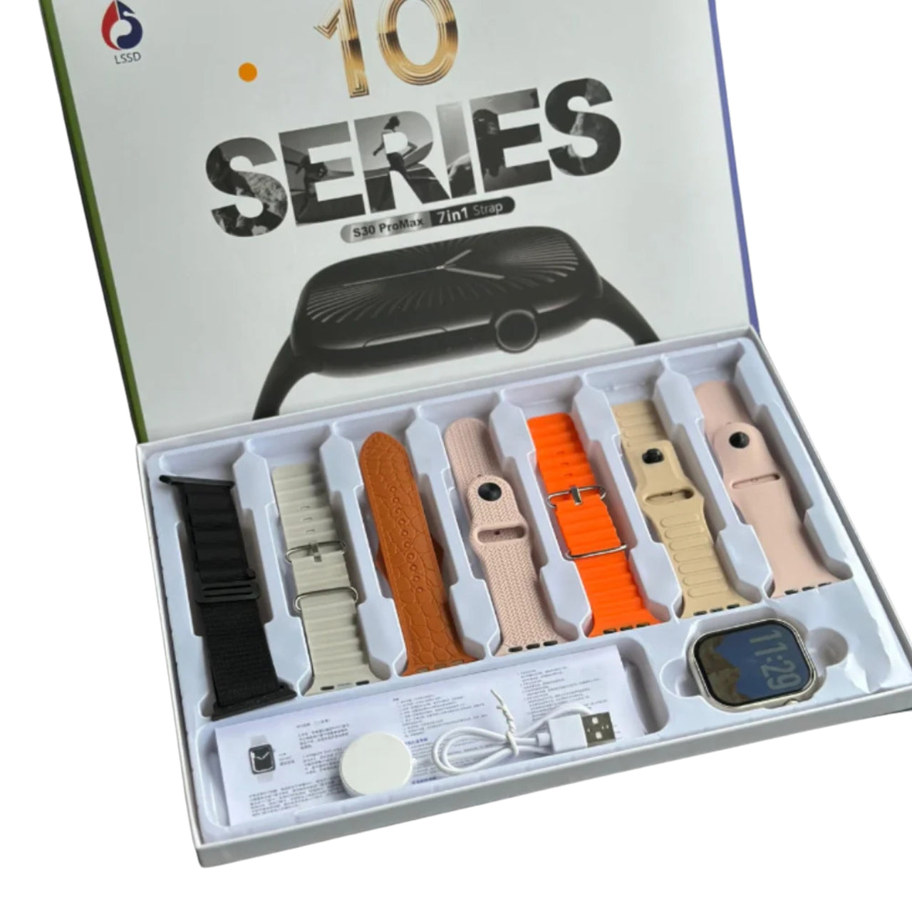 Smartwatch with interchangeable straps in a box labeled '10 Series'.