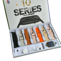 Smartwatch with interchangeable straps in a box labeled '10 Series'.