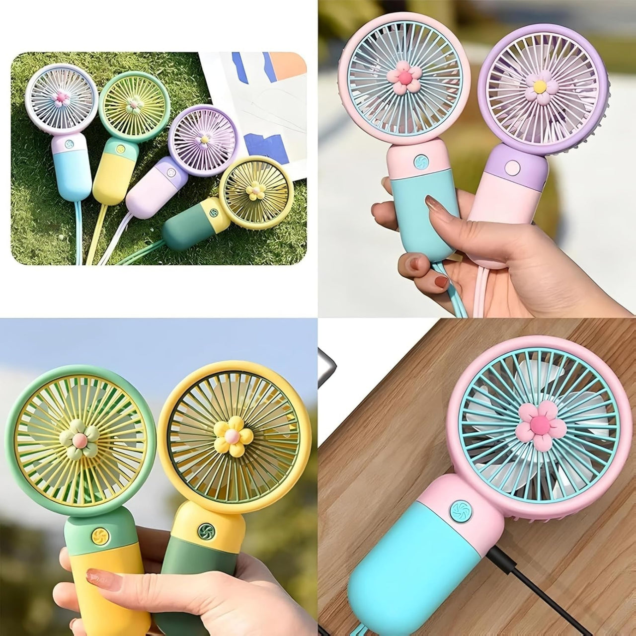 Collage of colorful handheld fans with different designs and colors.