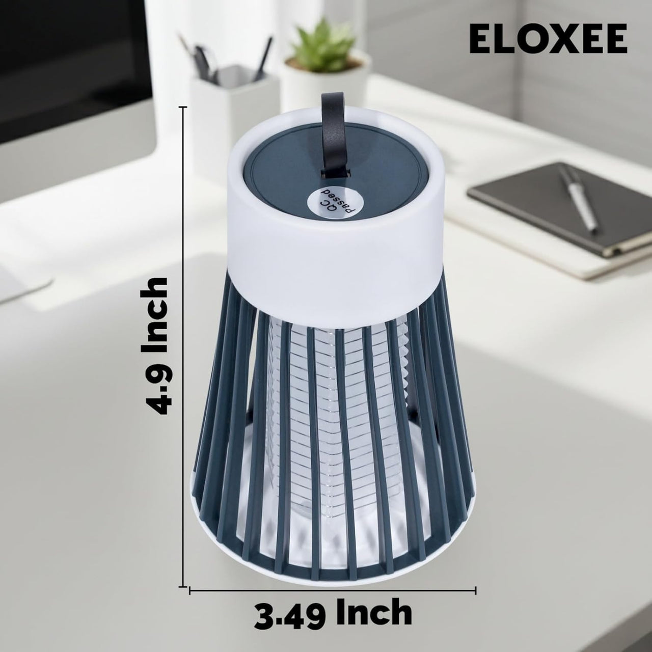 ELOXEE product with dimensions on a desk background