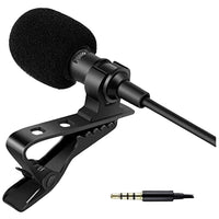 Black lavalier microphone with clip and 3.5mm cable on a white background