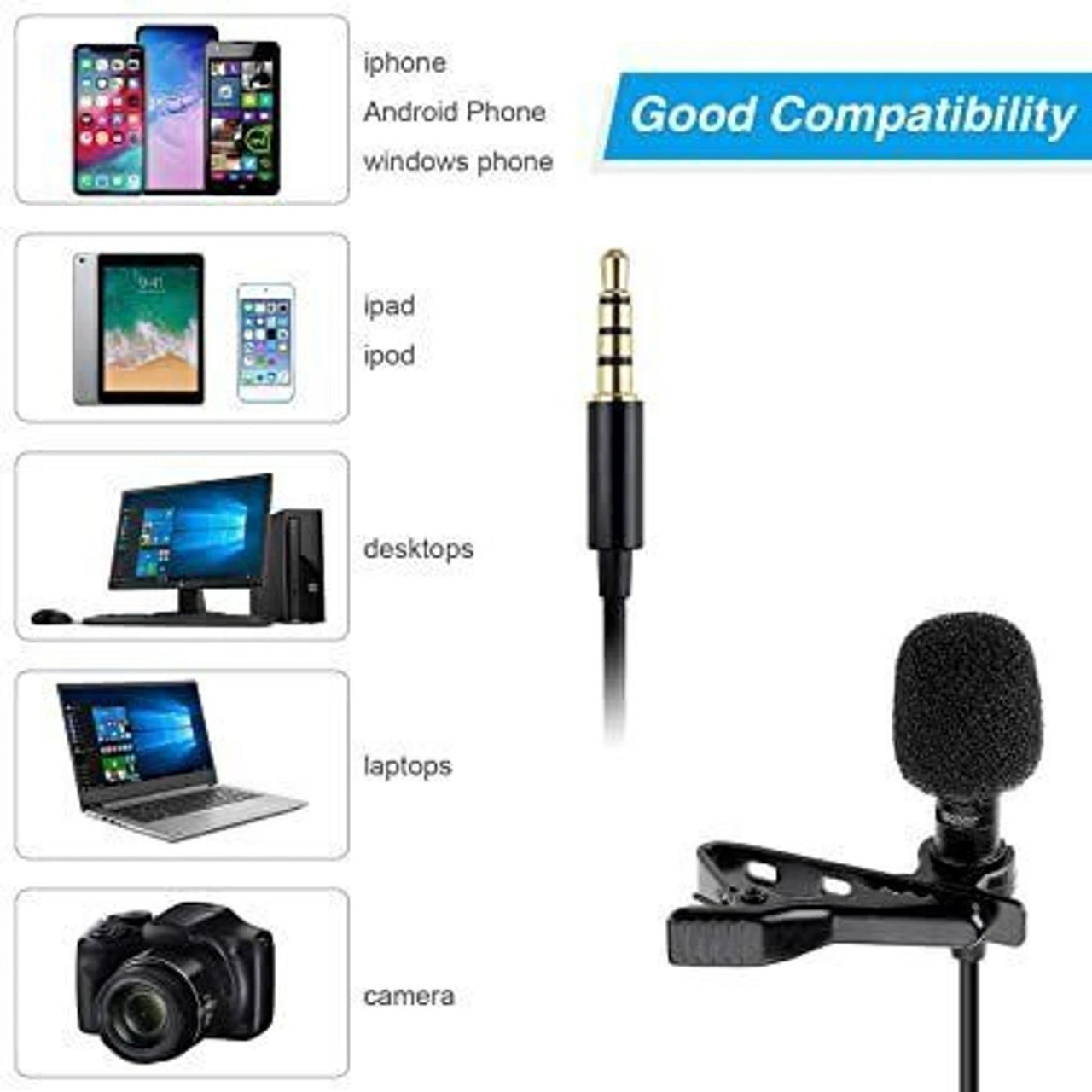 Microphone with compatibility chart for various devices on a white background