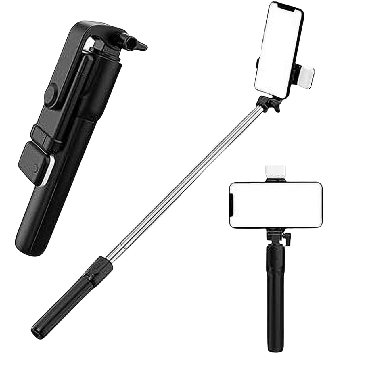 Black selfie stick with smartphone holder on a white background