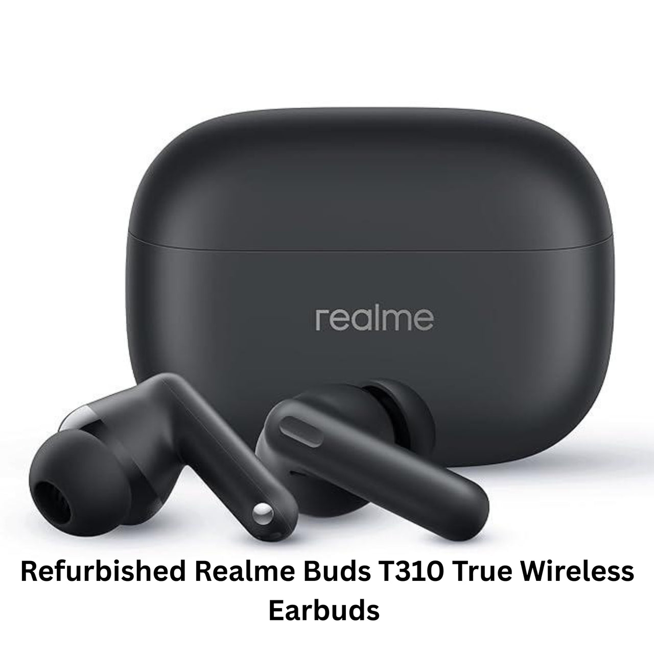 Black Realme wireless earbuds with charging case on a white background