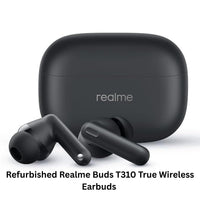 Black Realme wireless earbuds with charging case on a white background