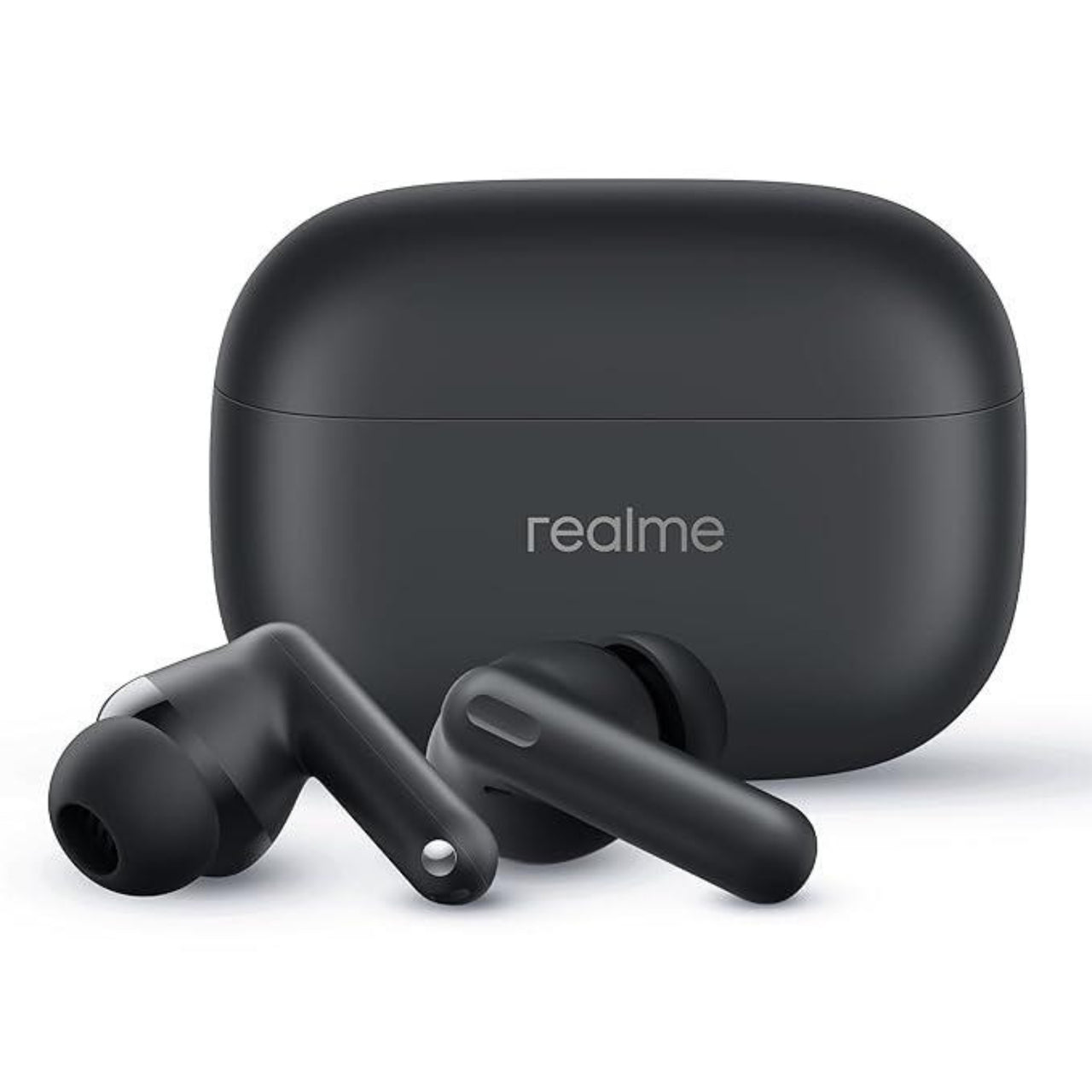 Black wireless earbuds with charging case on a white background, featuring the Realme logo.