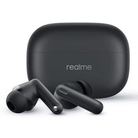 Black wireless earbuds with charging case on a white background, featuring the Realme logo.