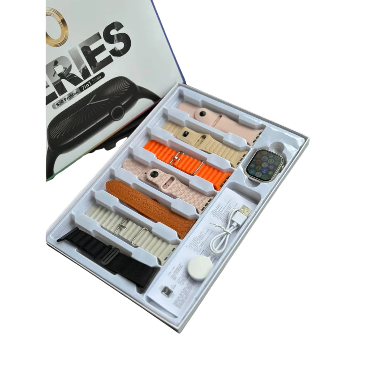 Smartwatch with accessories in an open box, featuring a 'Series' label.