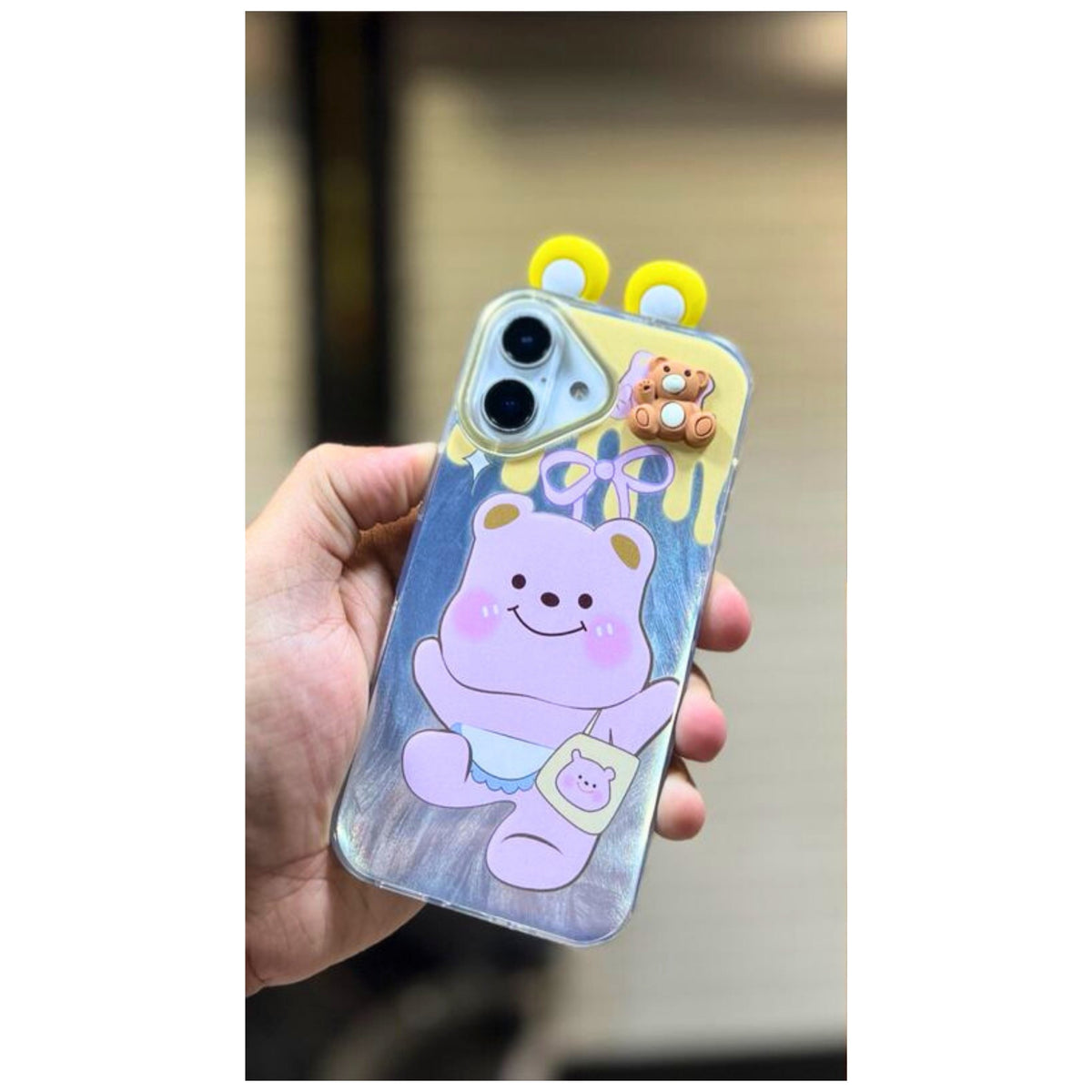 Ogdeals Cute Teddy Bear Apple iPhone 15 Pro Case | Soft Silicone Cartoon Cover with 3D Ears & Bear Charm