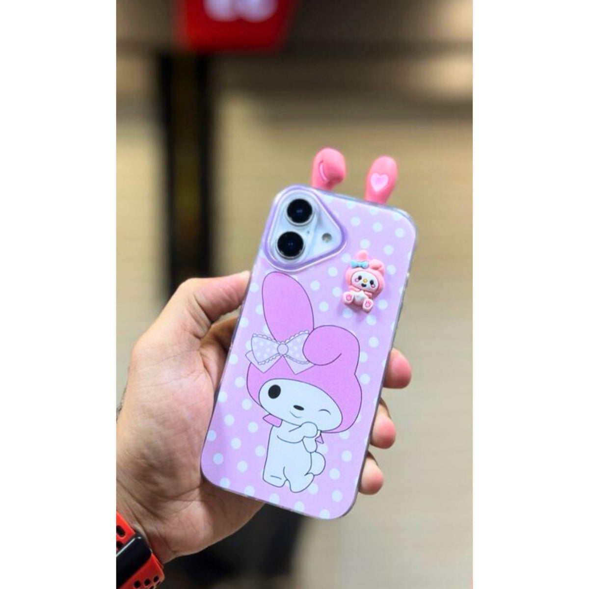 Ogdeals Cute My Melody Apple iPhone 15 Case | Soft Silicone 3D Bunny Ear Cartoon Cover with Polka Dot Design