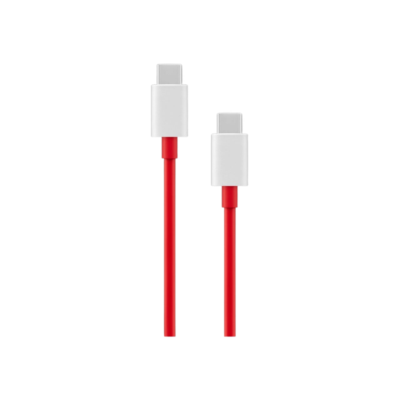 Red charging cable with white connectors on a white background