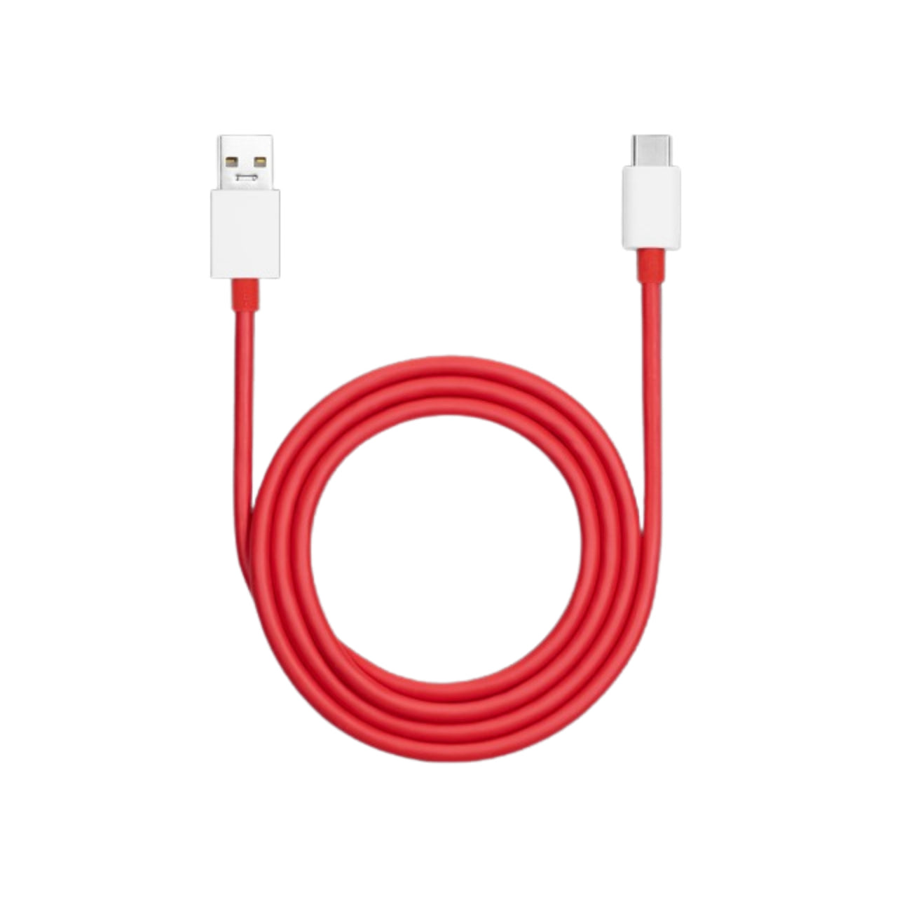 Red USB cable with white connectors on a white background