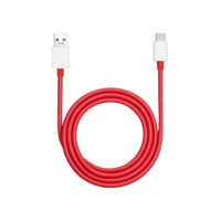Red USB cable with white connectors on a white background