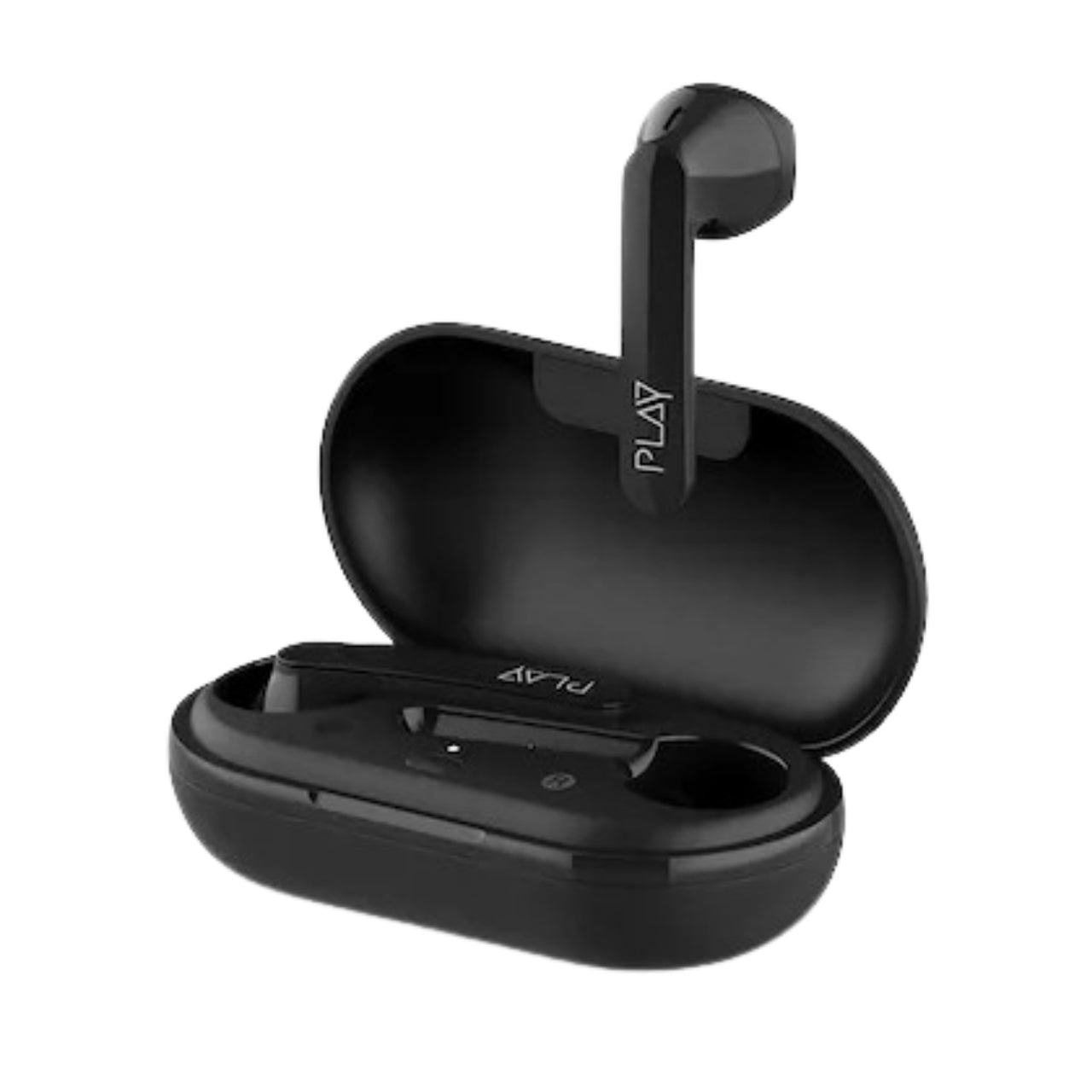 Black wireless earbuds in open case on a white background