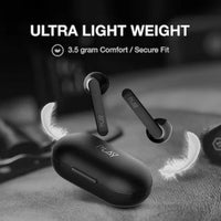 Wireless earbuds with charging case on a dark background, emphasizing ultra-lightweight design.