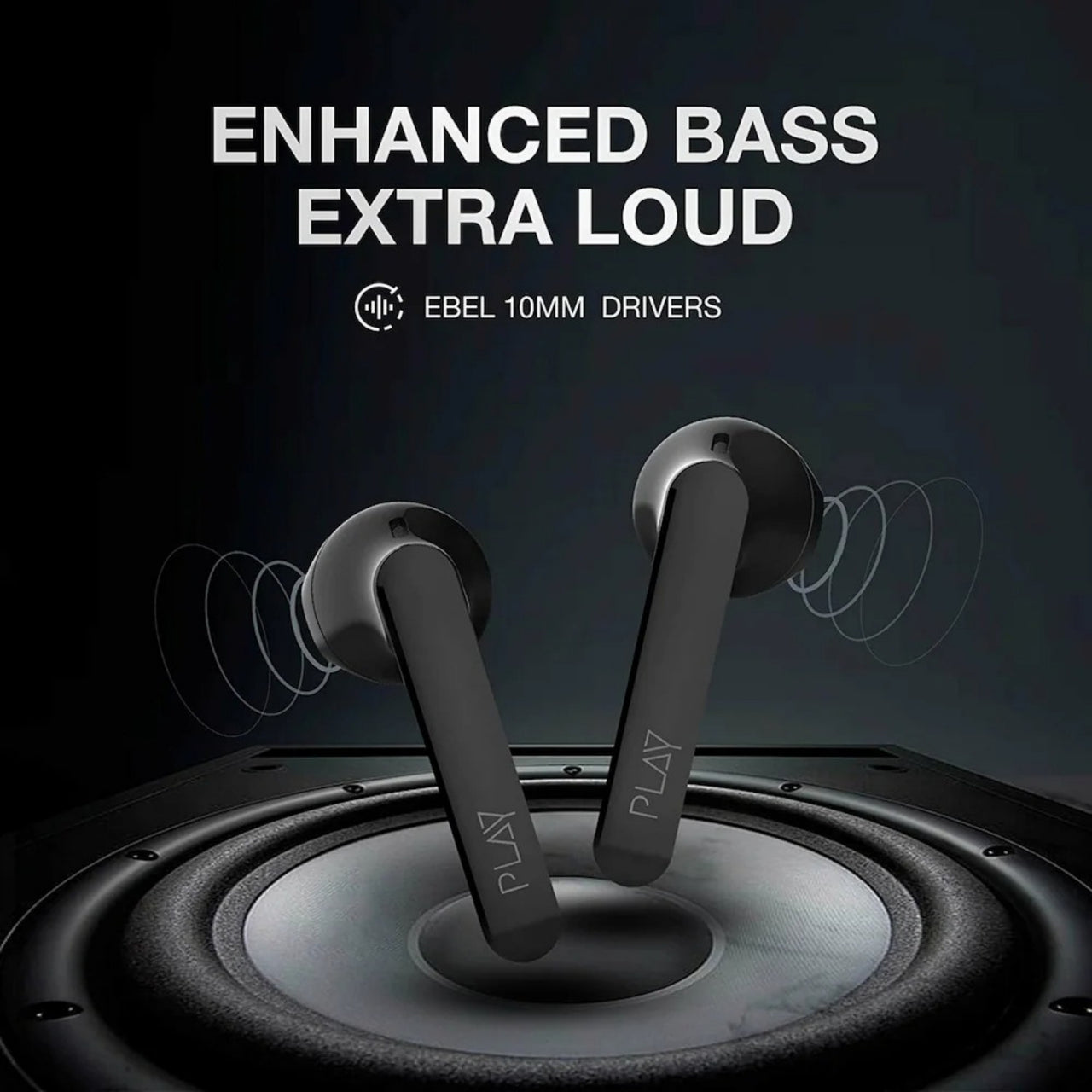 Black wireless earbuds with 'Enhanced Bass Extra Loud' text on a dark background