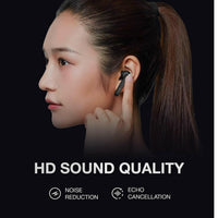 Person wearing wireless earbuds with text highlighting HD sound quality, noise reduction, and echo cancellation on a black background.