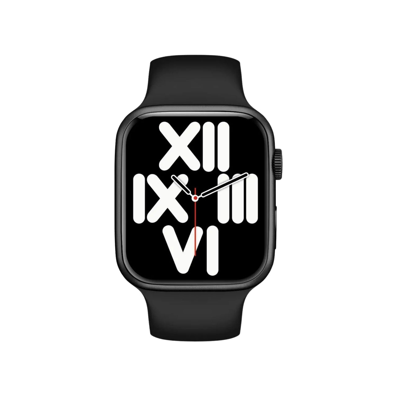 Black smartwatch with Roman numeral display on a white background