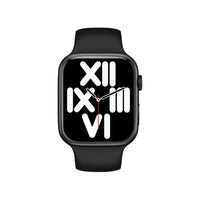 Black smartwatch with Roman numeral display on a white background