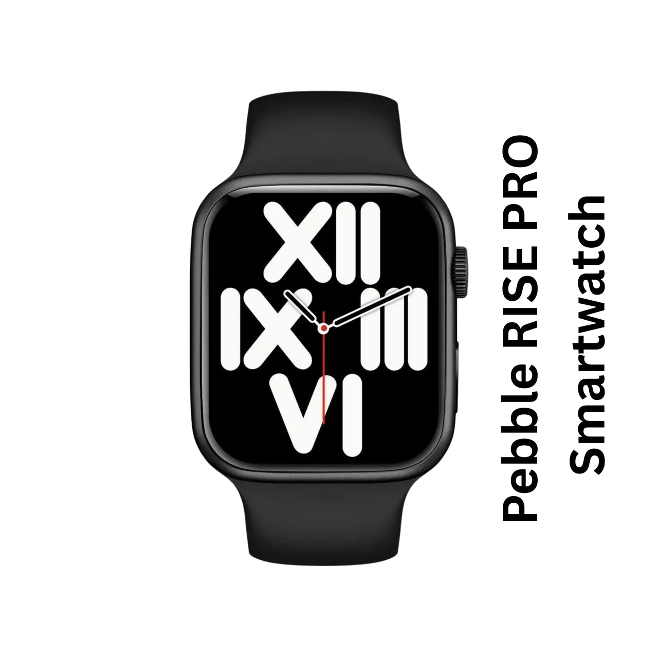 Pebble RISE PRO smartwatch with black band on a white background