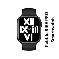 Pebble RISE PRO smartwatch with black band on a white background