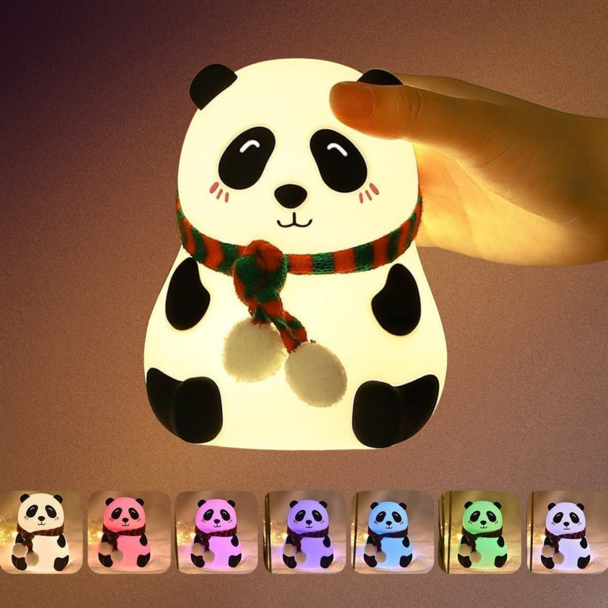 Panda-shaped night light with a hand holding it and color-changing options displayed below.